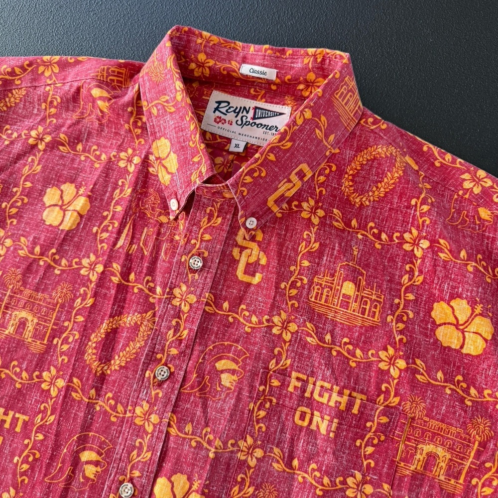 Reyn Spooner USC Shirt Mens XL Red Fight On NCAA Football Hawaiian Button Up